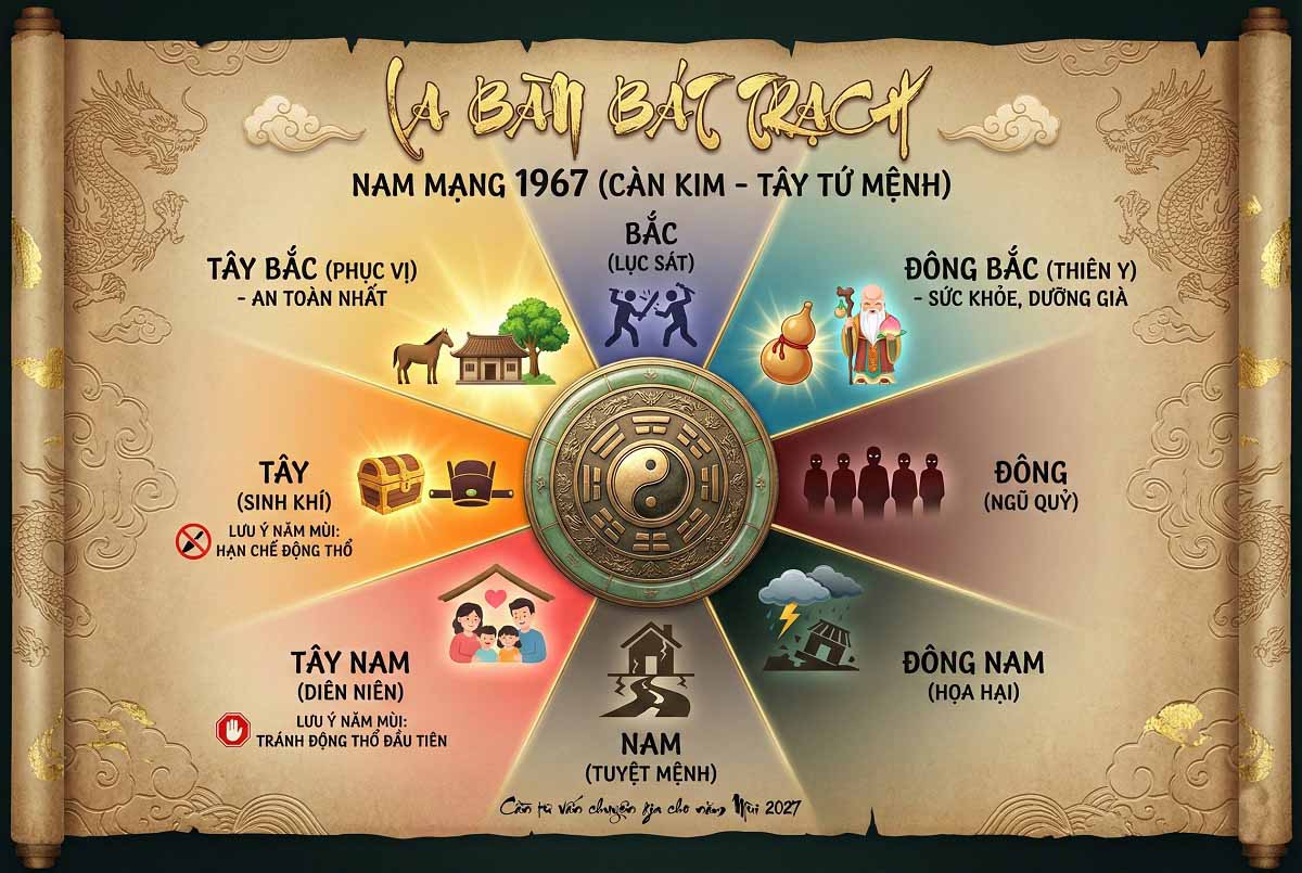 La bàn bát trạch xác định hướng tốt cho tuổi Càn Kim (Ảnh: Nguồn AKISA)