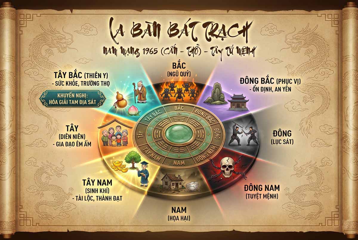La bàn bát trạch xác định hướng tốt cho tuổi Cấn Thổ Nam mạng 1965 (Ảnh: Nguồn AKISA)