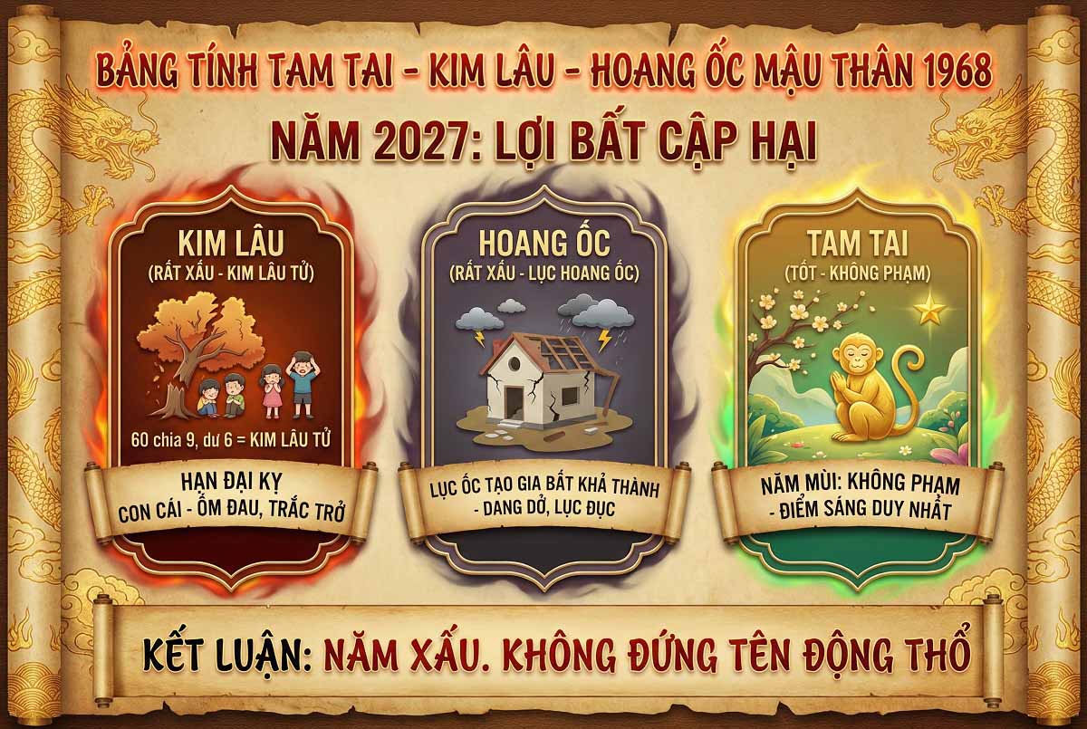 Bảng tính Tam Tai - Kim Lâu - Hoang Ốc tuổi Mậu Thân năm 2027 (Ảnh: Nguồn AKISA)