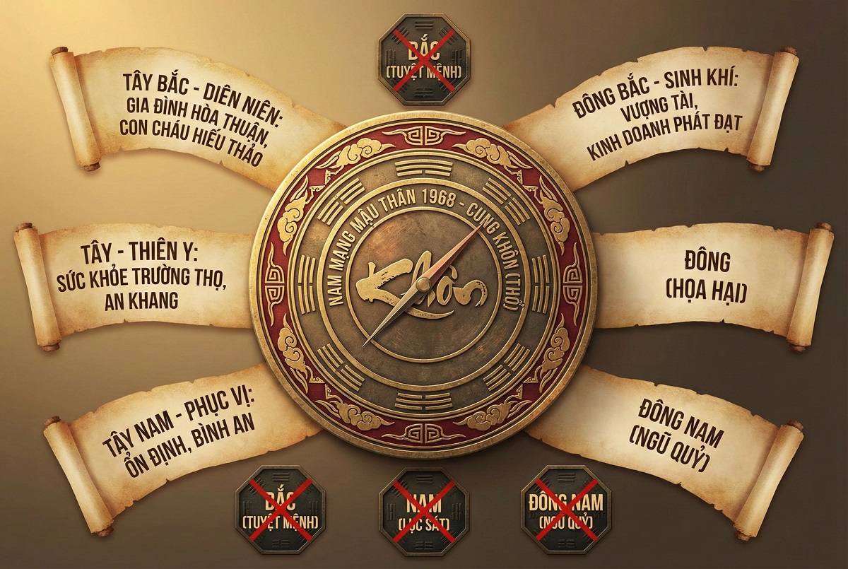 La bàn bát trạch xác định hướng tốt cho tuổi Khôn Thổ (Ảnh: Nguồn AKISA)