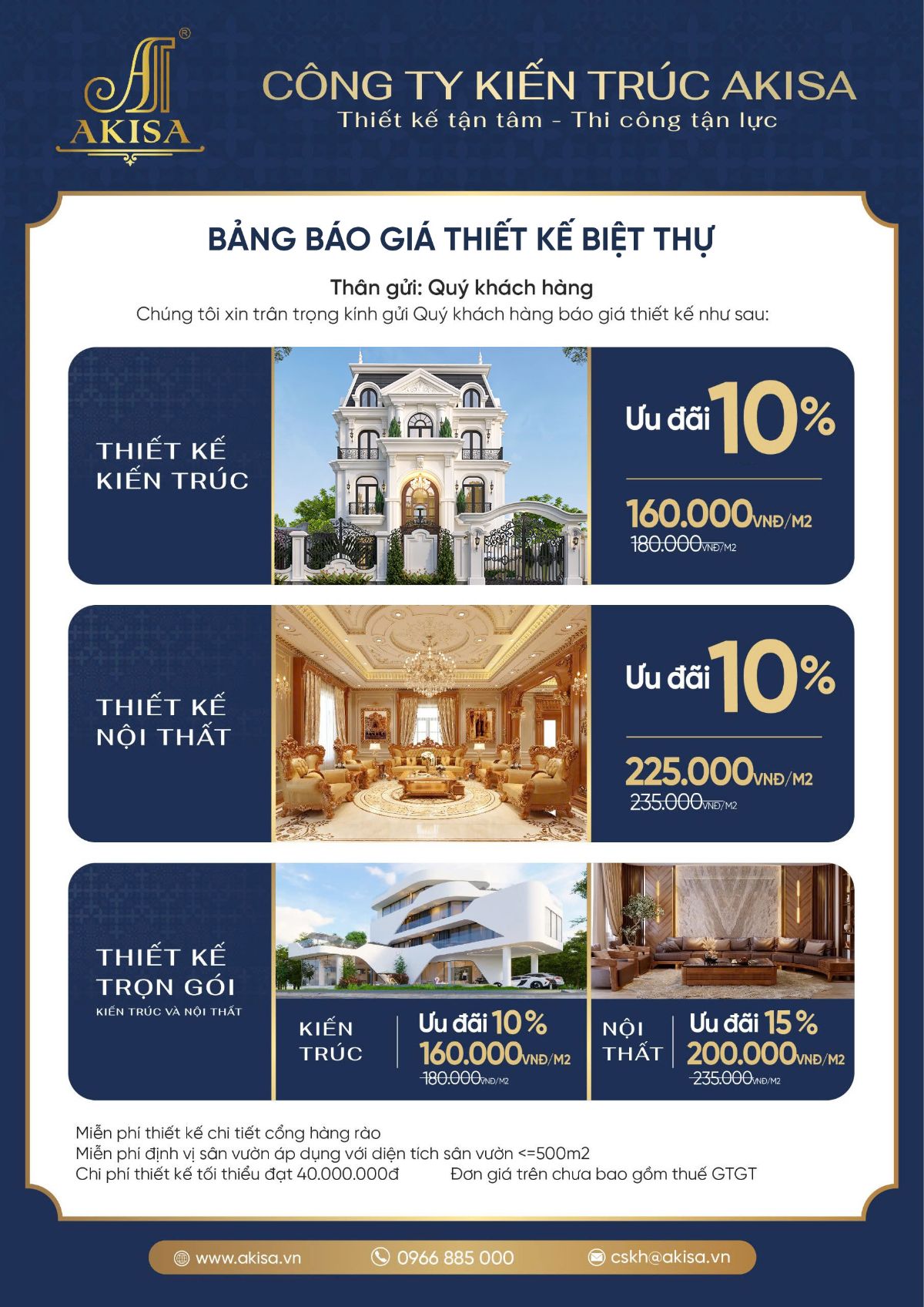 Bảng giá thiết kế biệt thự - villa