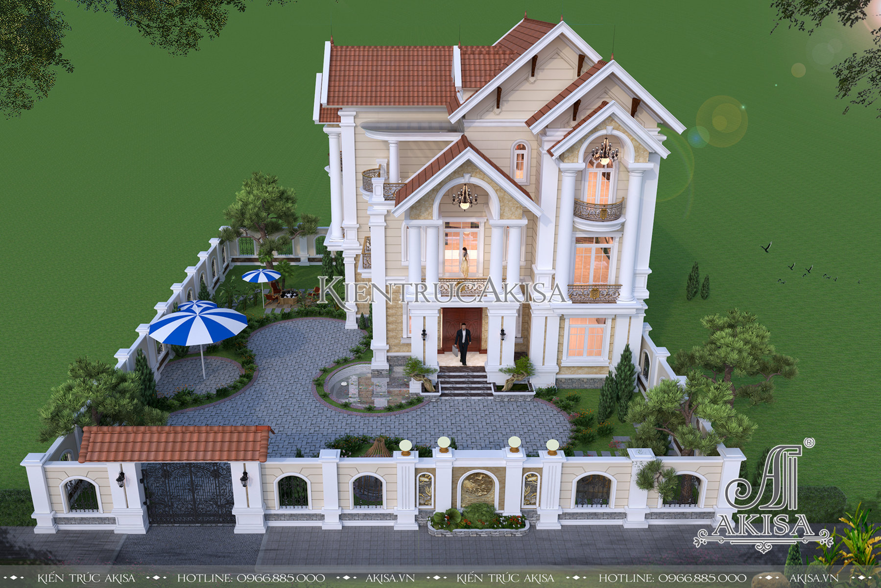 hình ảnh phối cảnh 3D của mẫu biệt thự tân cổ điển 3 tầng mái Thái BT32328 có sân vườn
