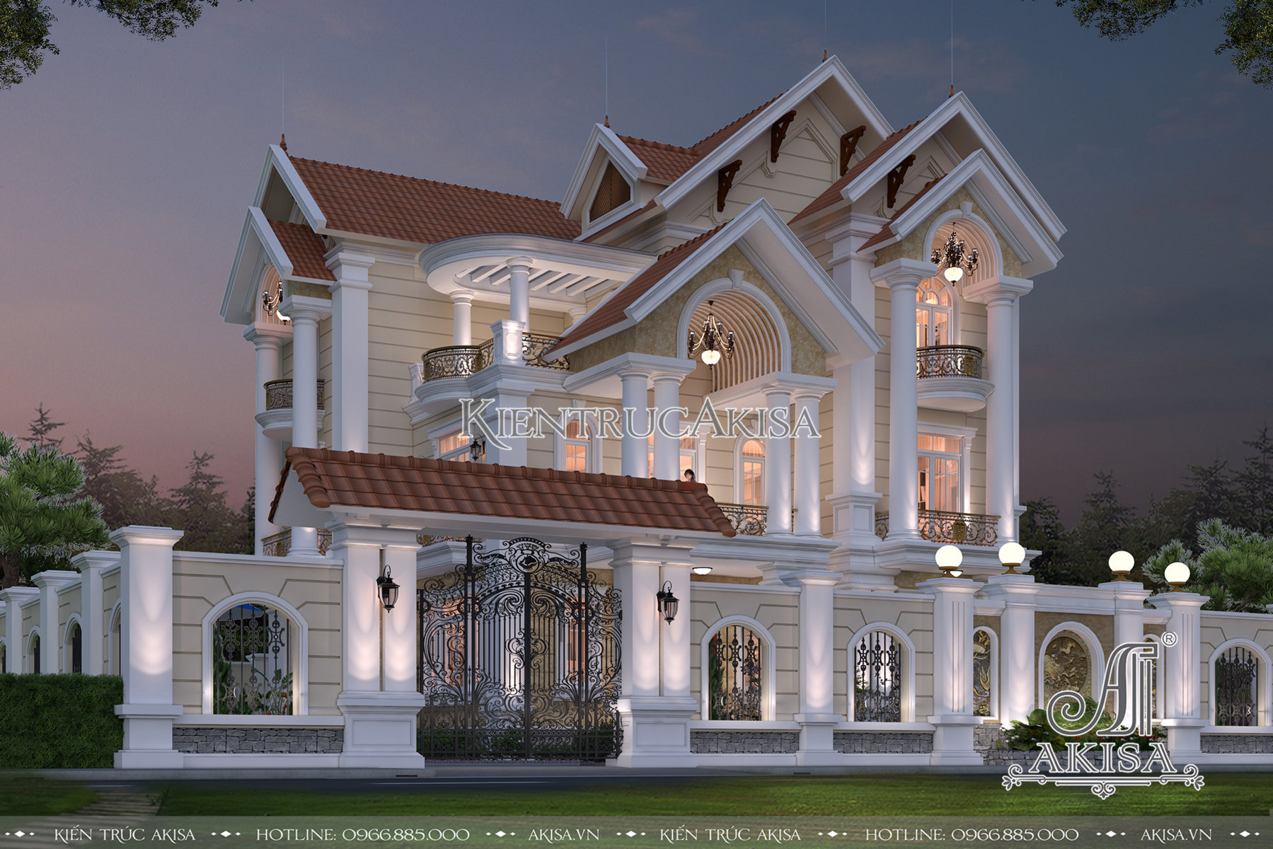 hình ảnh phối cảnh 3D của mẫu biệt thự tân cổ điển 3 tầng mái Thái BT32328