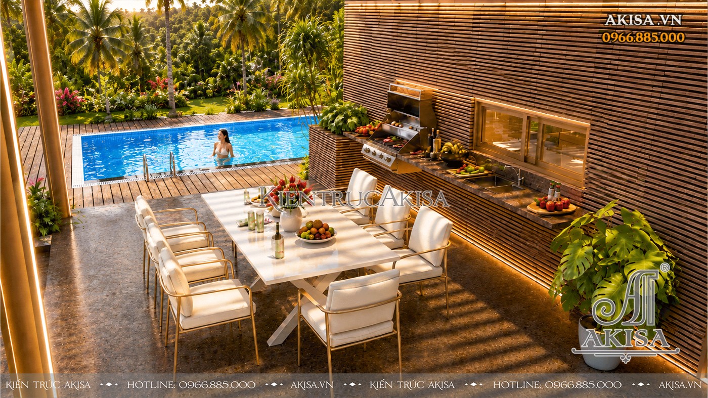 Khu BBQ liền kề bể bơi mang đến trải nghiệm nghỉ dưỡng tại gia giữa thiên nhiên.