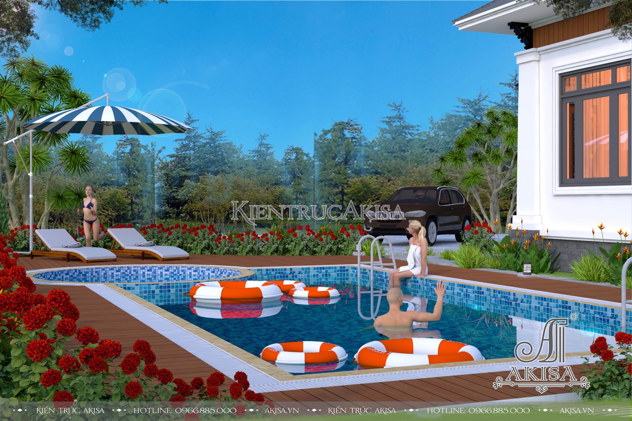 Thiết kế sân vườn kèm bể bơi đem đến không gian thư giãn, giải trí tối ưu cho cả gia đình