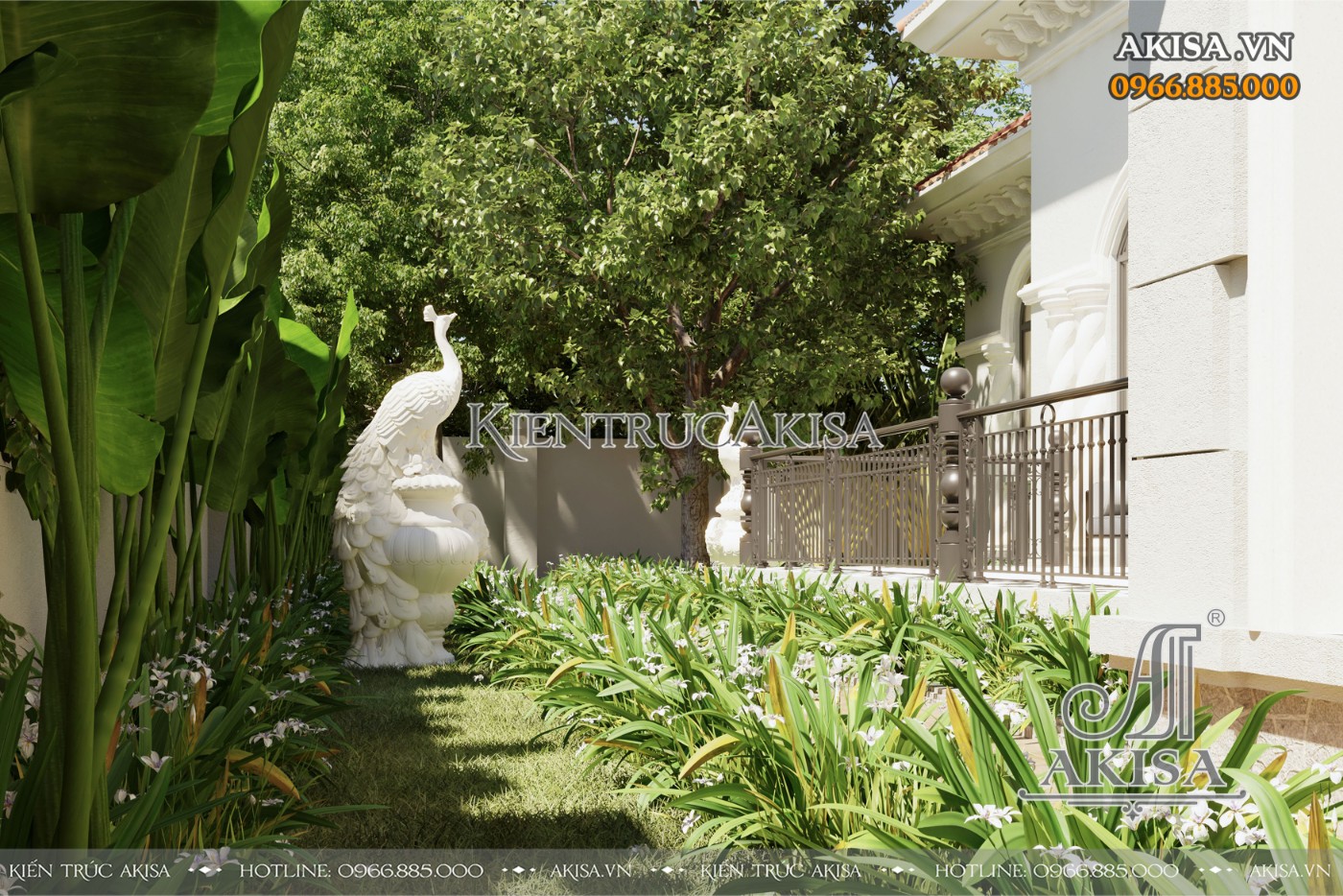 Không gian sân vườn bên trong khuôn viên mẫu biệt thự Villa 1 tầng phong cách Địa Trung Hải
