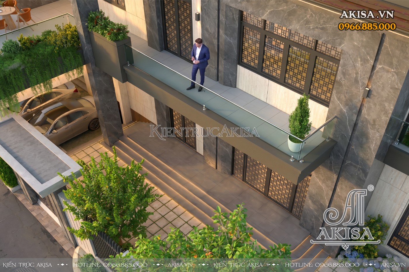 Khu vực sảnh tầng 1 và ban công tầng 2 mẫu biệt thự hiện đại