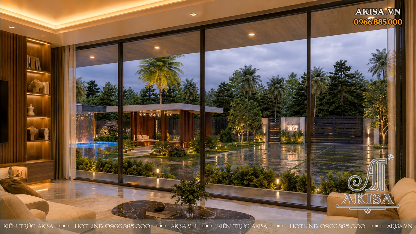 Phối cảnh tầm nhìn từ phòng khách Mẫu Villa 2 tầng mở ra sân vườn xanh, mang thiên nhiên đến gần từng không gian sống