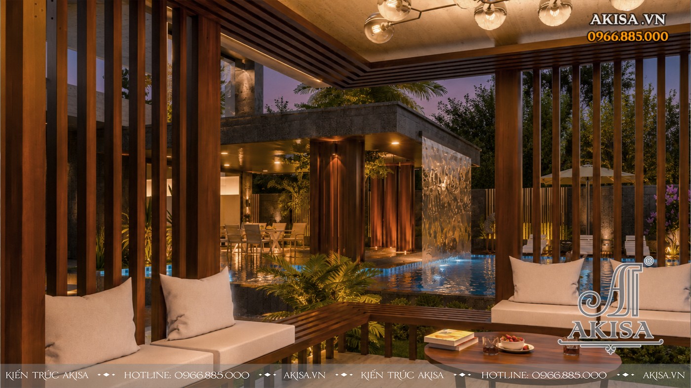 Phối cảnh góc nhìn từ pavilion Mẫu Villa 2 tầng mang đến không gian thư giãn riêng tư với tầm nhìn bao quát hồ bơi và sân vườn