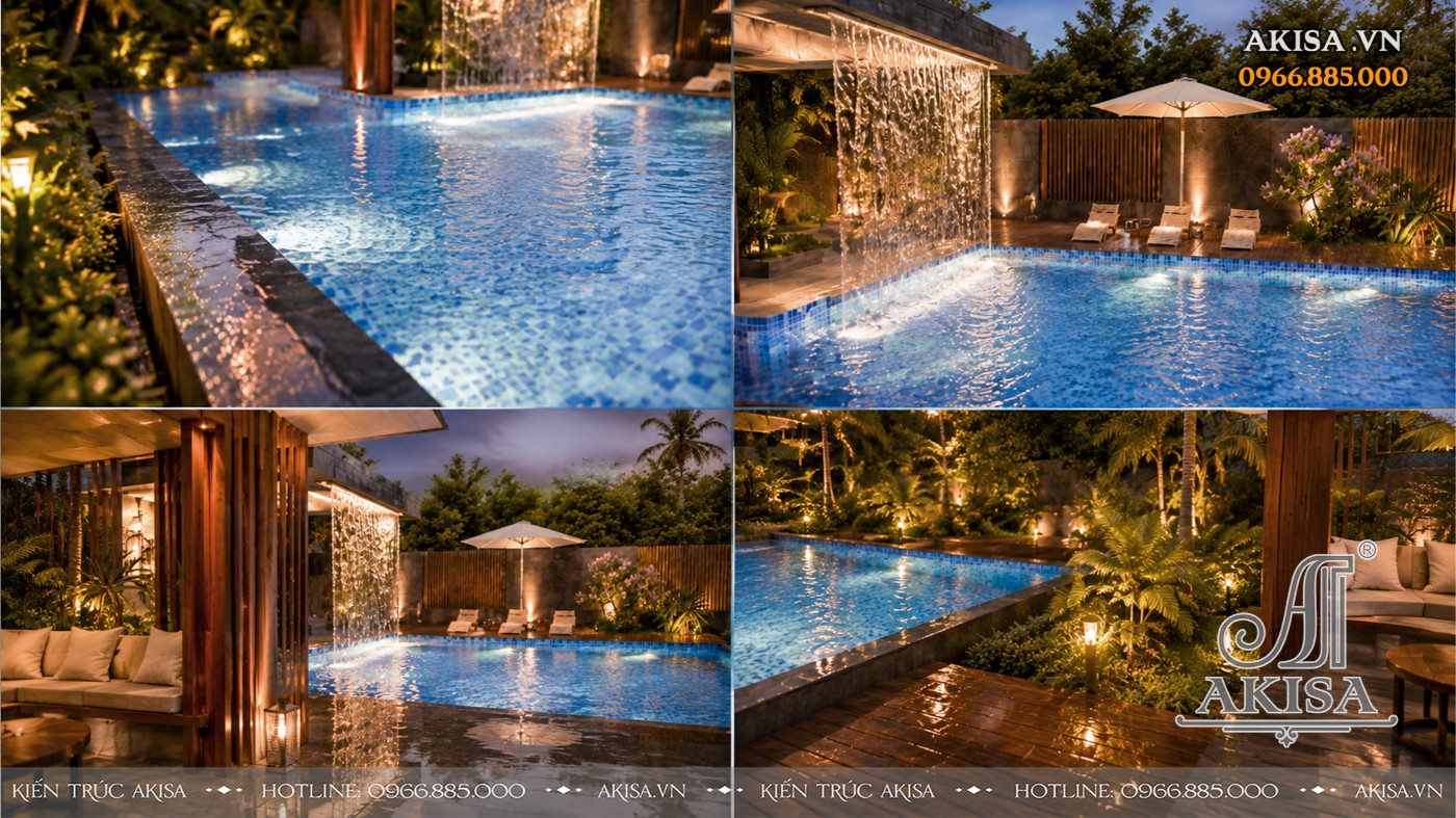 Phối cảnh chi tiết khu hồ bơi Mẫu Villa 2 tầng thể hiện sự kết hợp hài hòa giữa mặt nước, cảnh quan xanh và ánh sáng ngoại thất