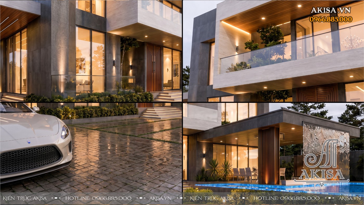 Phối cảnh tổng hợp Mẫu Villa 2 tầng thể hiện sự đồng bộ giữa kiến trúc, vật liệu hoàn thiện và các tiện ích ngoại thất cao cấp