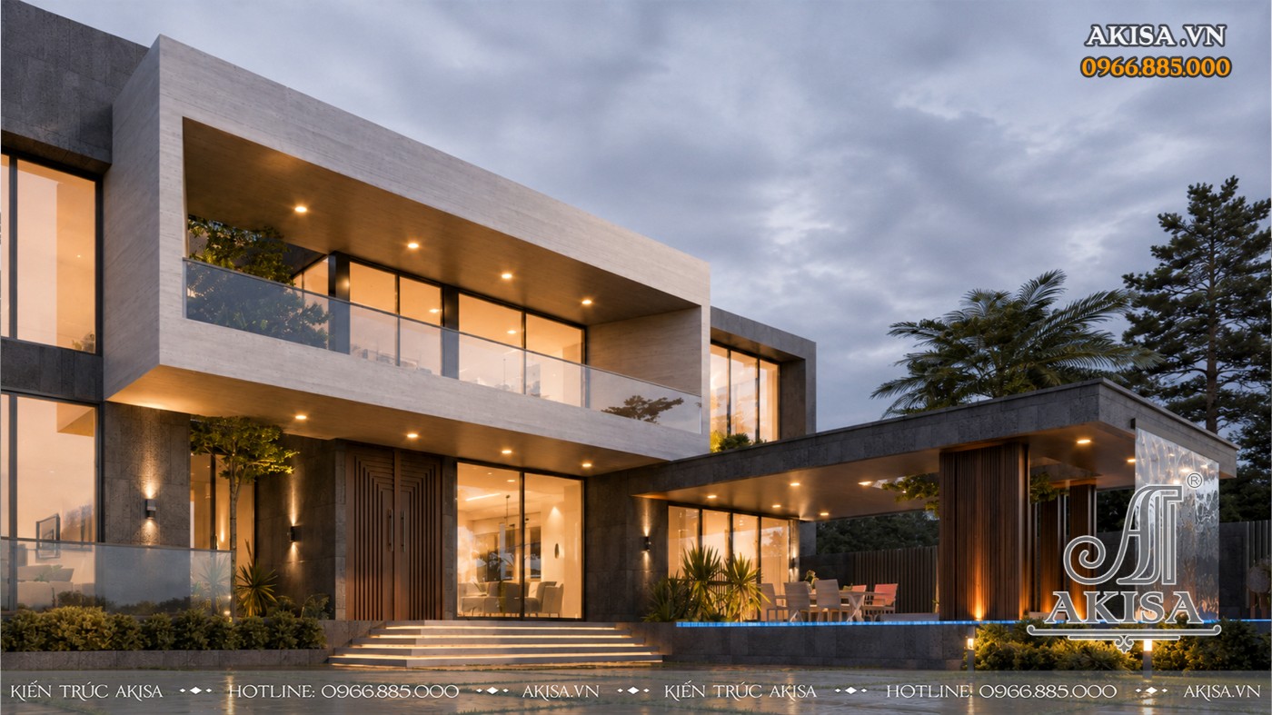 Phối cảnh góc cận Mẫu Villa 2 tầng thể hiện sự kết hợp hài hòa giữa đá ốp, kính cường lực và lam gỗ hiện đại.