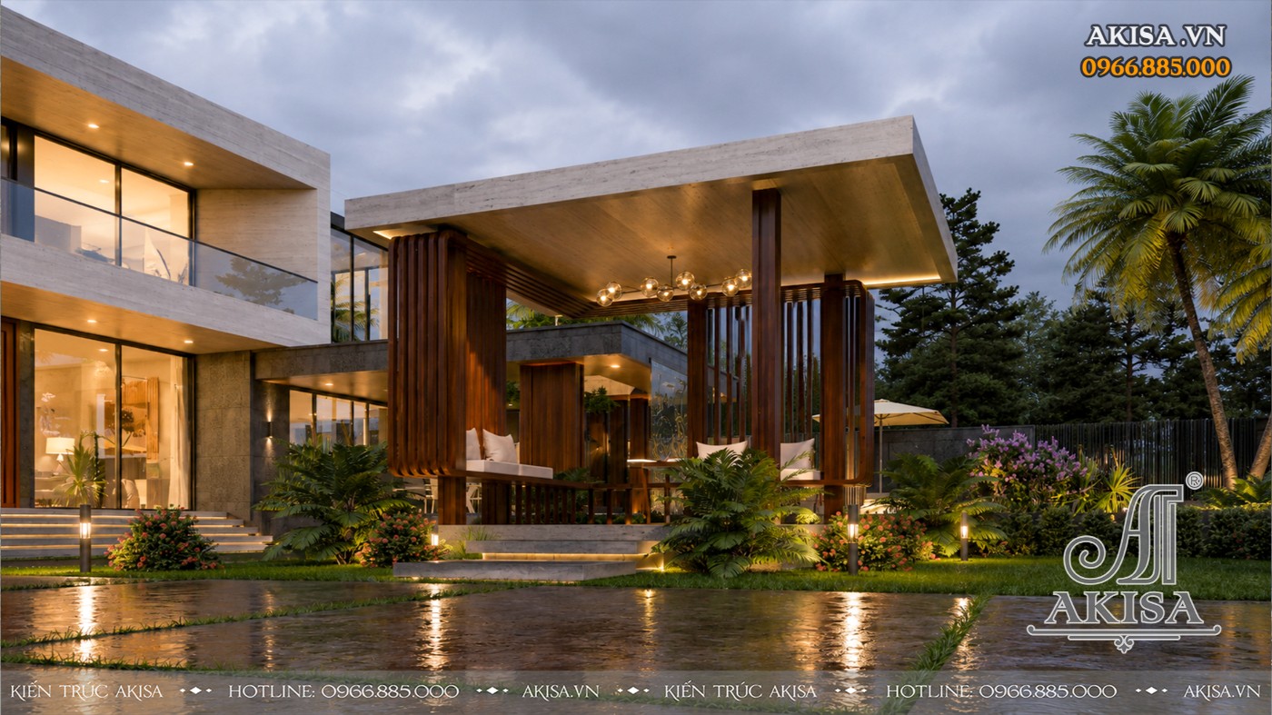 Phối cảnh tiện ích ngoại thất Mẫu Villa 2 tầng với khu vực thư giãn riêng tư, thiết kế hài hòa giữa kiến trúc và cảnh quan.