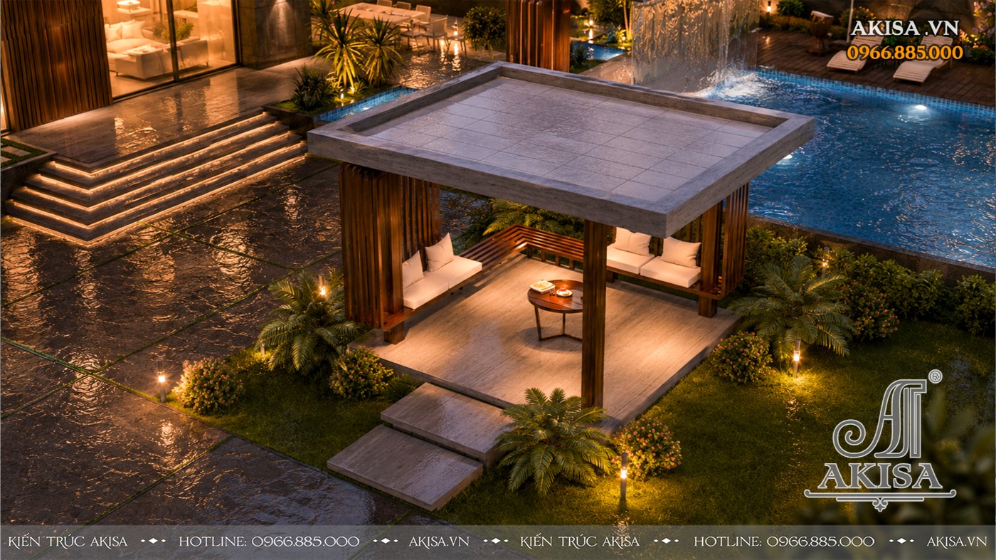Phối cảnh chòi nghỉ sân vườn Mẫu Villa 2 tầng tạo nên không gian thư giãn ngoài trời riêng tư bên cạnh hồ bơi