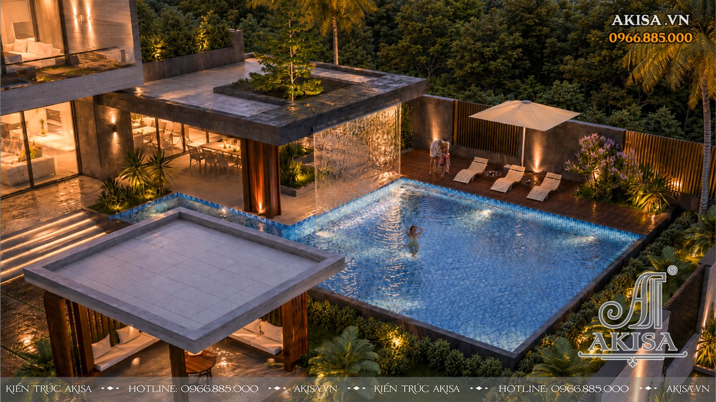 Phối cảnh hồ bơi Mẫu Villa 2 tầng nổi bật với thác nước tràn, mang đến không gian nghỉ dưỡng sang trọng ngay tại nhà