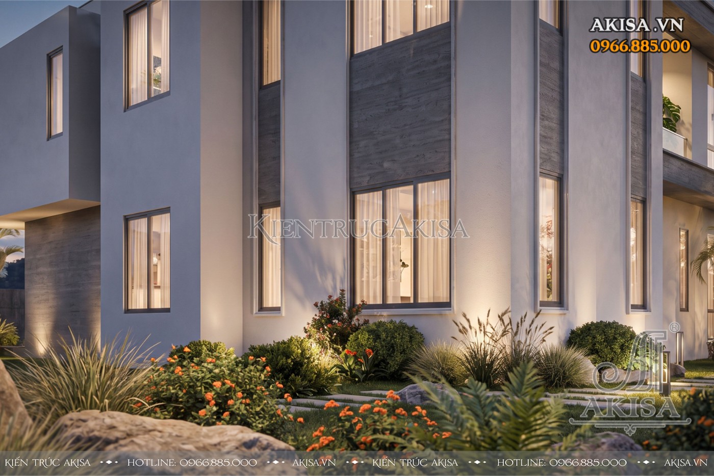 Hệ thống cửa kính lớn giúp villa nghỉ dưỡng hiện đại kết nối không gian trong nhà và thiên nhiên.