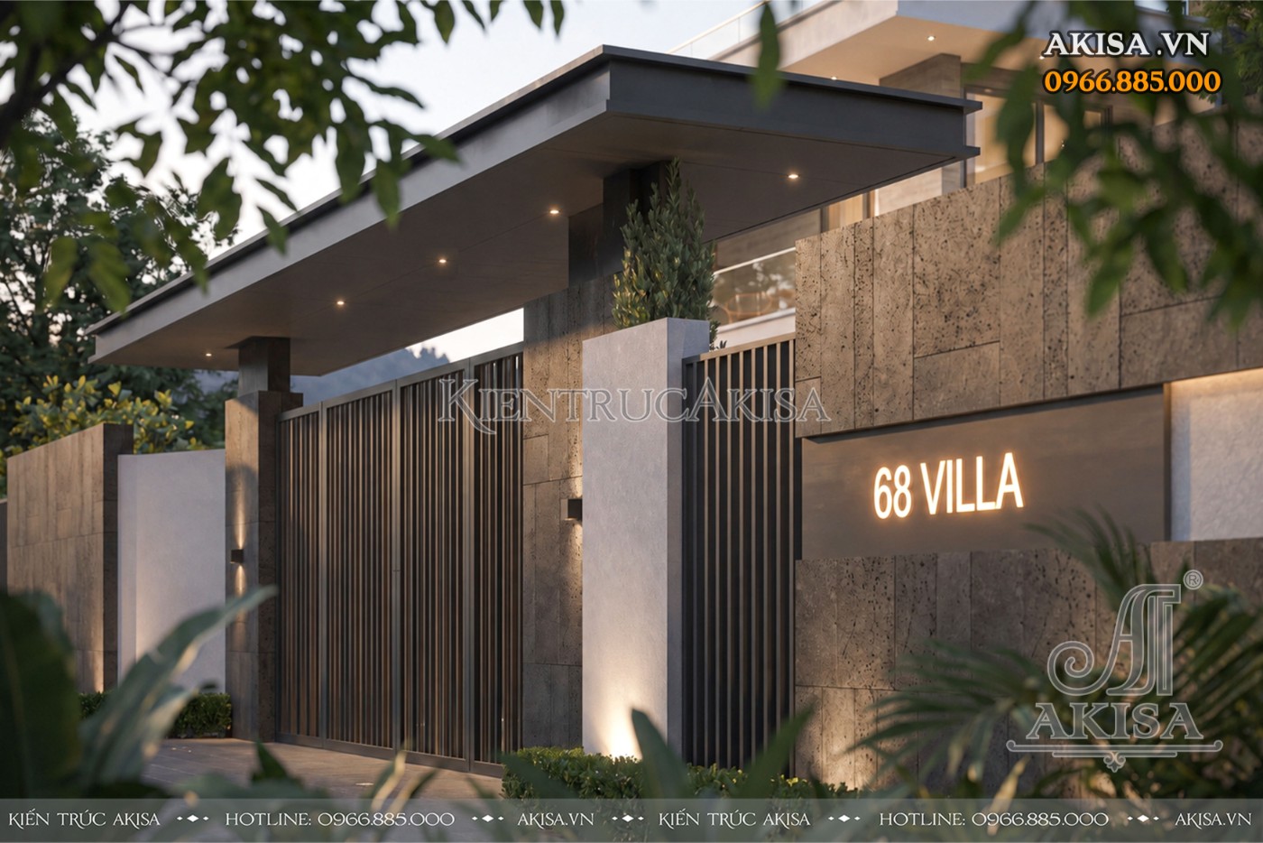 Cổng chính villa nghỉ dưỡng hiện đại sử dụng vật liệu cao cấp, nâng tầm giá trị công trình tại Hòa Bình.