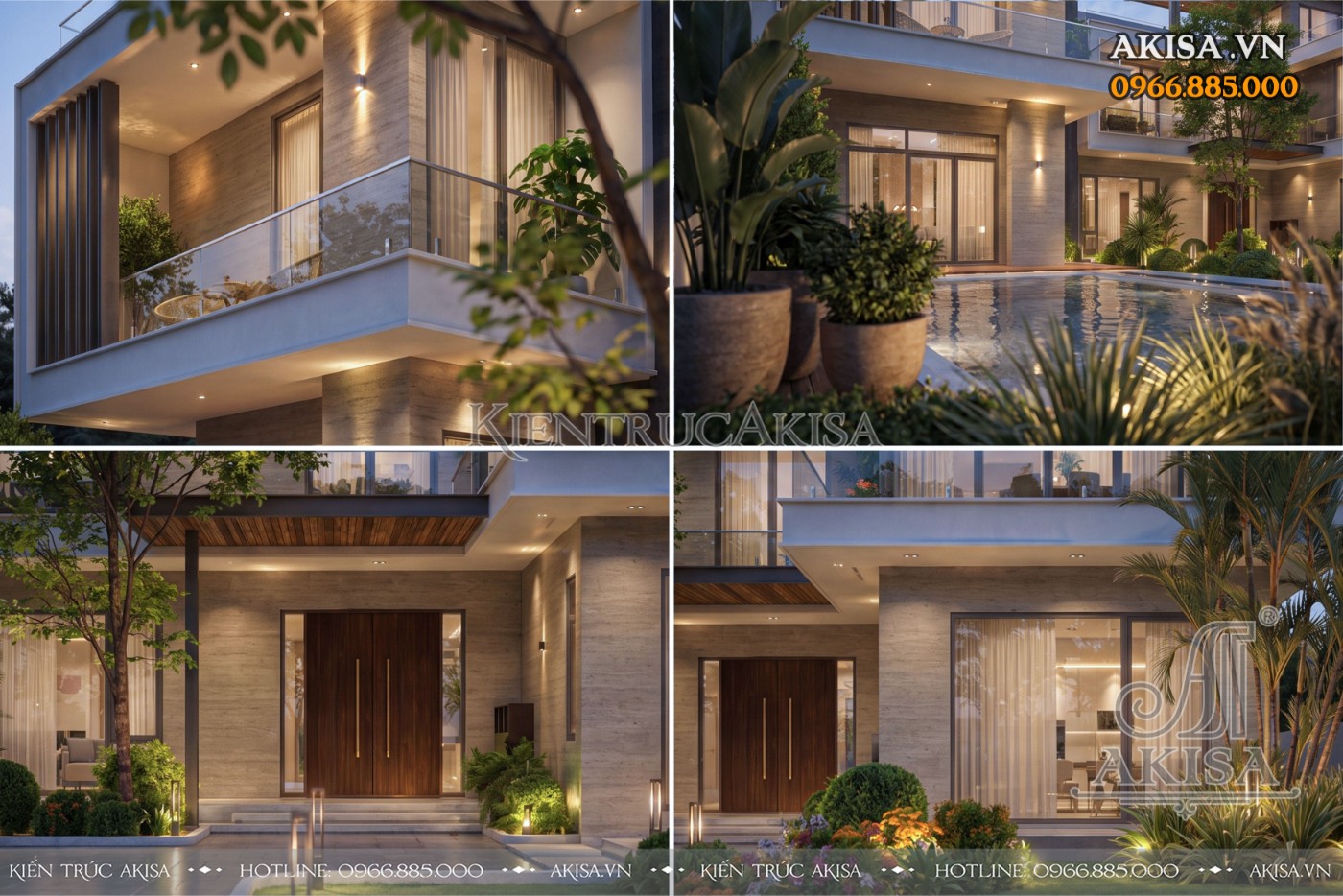 Ban công kính và hồ bơi tạo nên vẻ đẹp nghỉ dưỡng đặc trưng của villa nghỉ dưỡng 2 tầng.