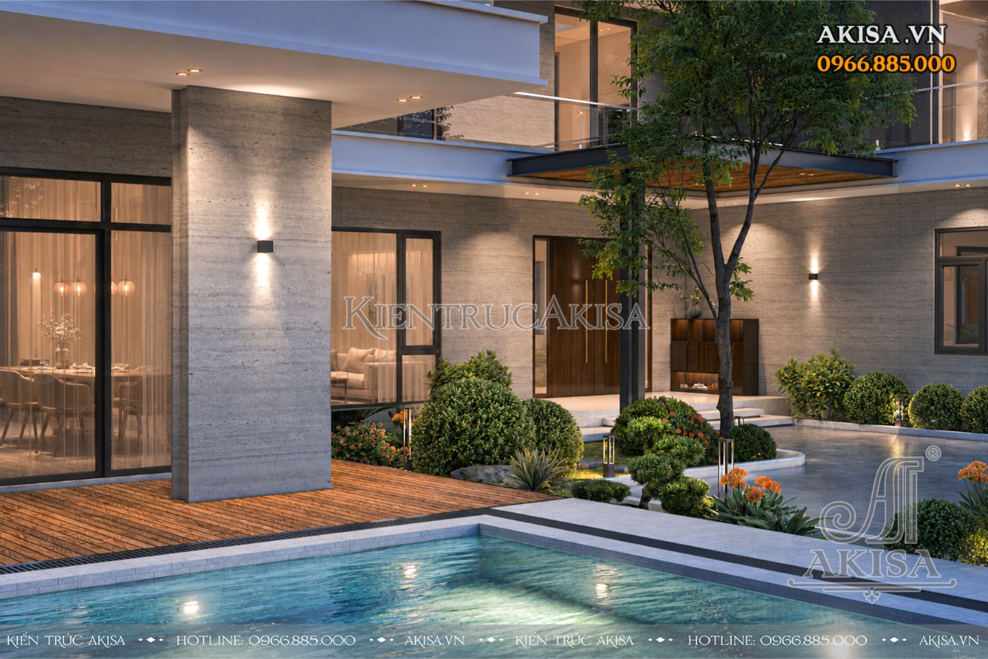 Sảnh chính villa nghỉ dưỡng 2 tầng được thiết kế bề thế, kết nối hài hòa với sân vườn và hồ nước.