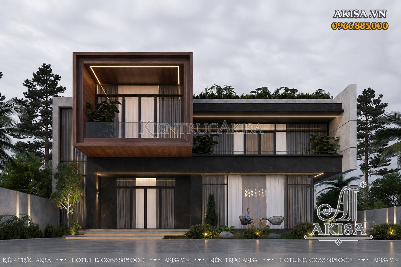 Thiết kế villa 2 tầng hiện đại gây ấn tượng với những khối hộp đua rộng, ban công kính và gam màu trầm tinh tế.