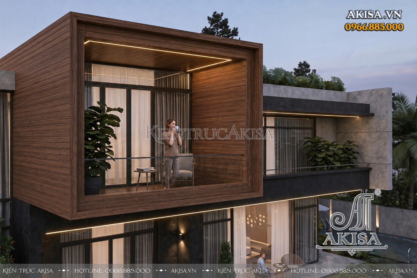 Những mảng ốp gỗ màu nâu ấm tạo điểm nhấn cho mẫu villa nghỉ dưỡng giữa không gian xanh mát.
