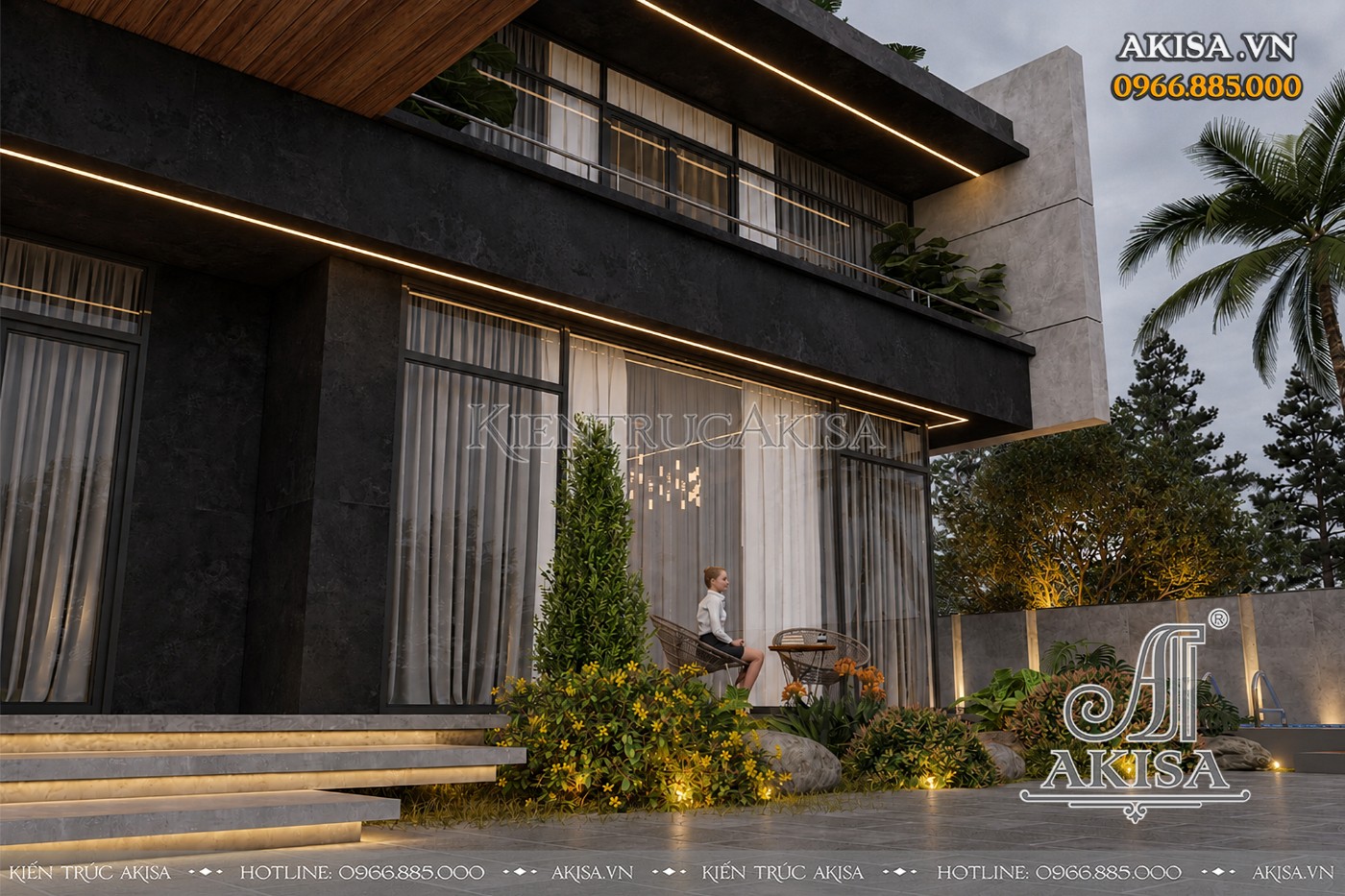 Hệ đèn LED chạy viền giúp kiến trúc villa trở nên nổi bật, đặc biệt ấn tượng khi ngắm nhìn vào buổi tối.