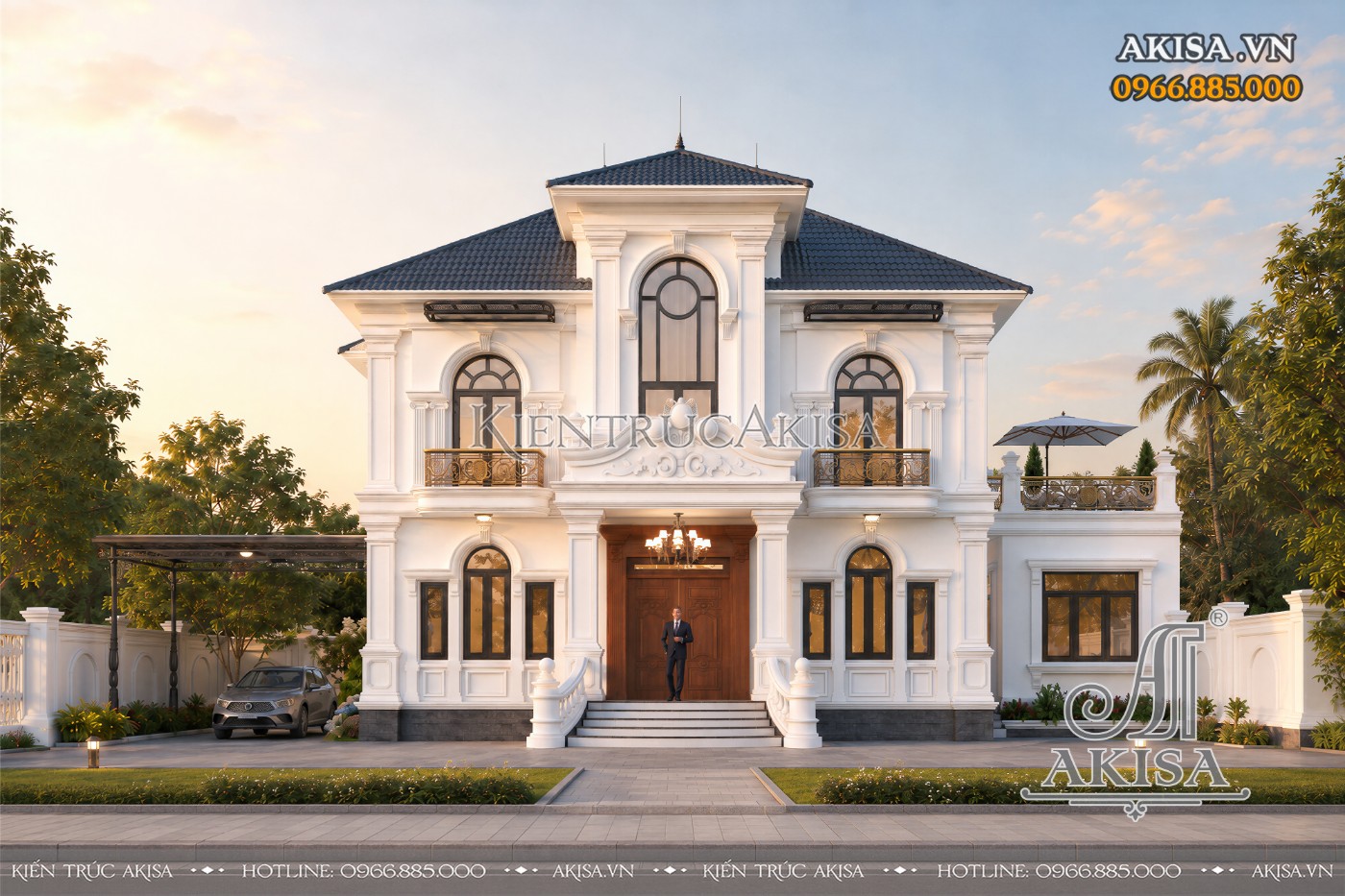 Biệt thự tân cổ điển 2 tầng mái Nhật tại Lạng Sơn nổi bật với mặt tiền sang trọng, cân đối và tinh tế.