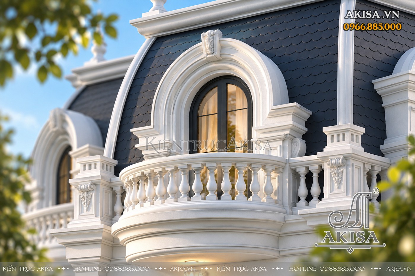 Cửa sổ mái vòm cùng lan can con tiện trắng tạo điểm nhấn thanh lịch trên hệ mái Mansard xanh than