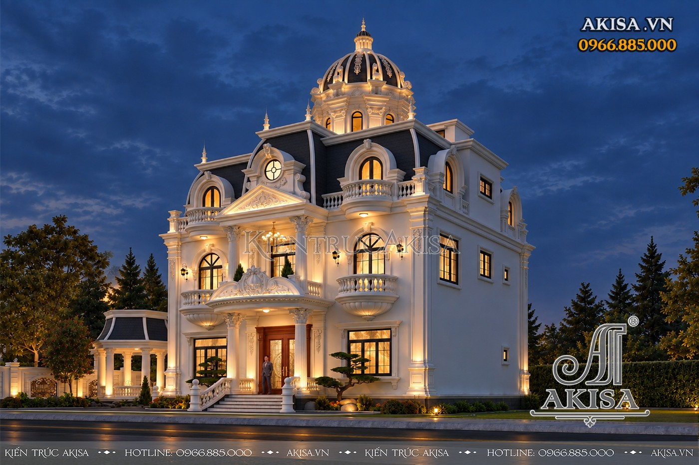 Góc nhìn bên phải biệt thự mái Mansard khi lên đèn