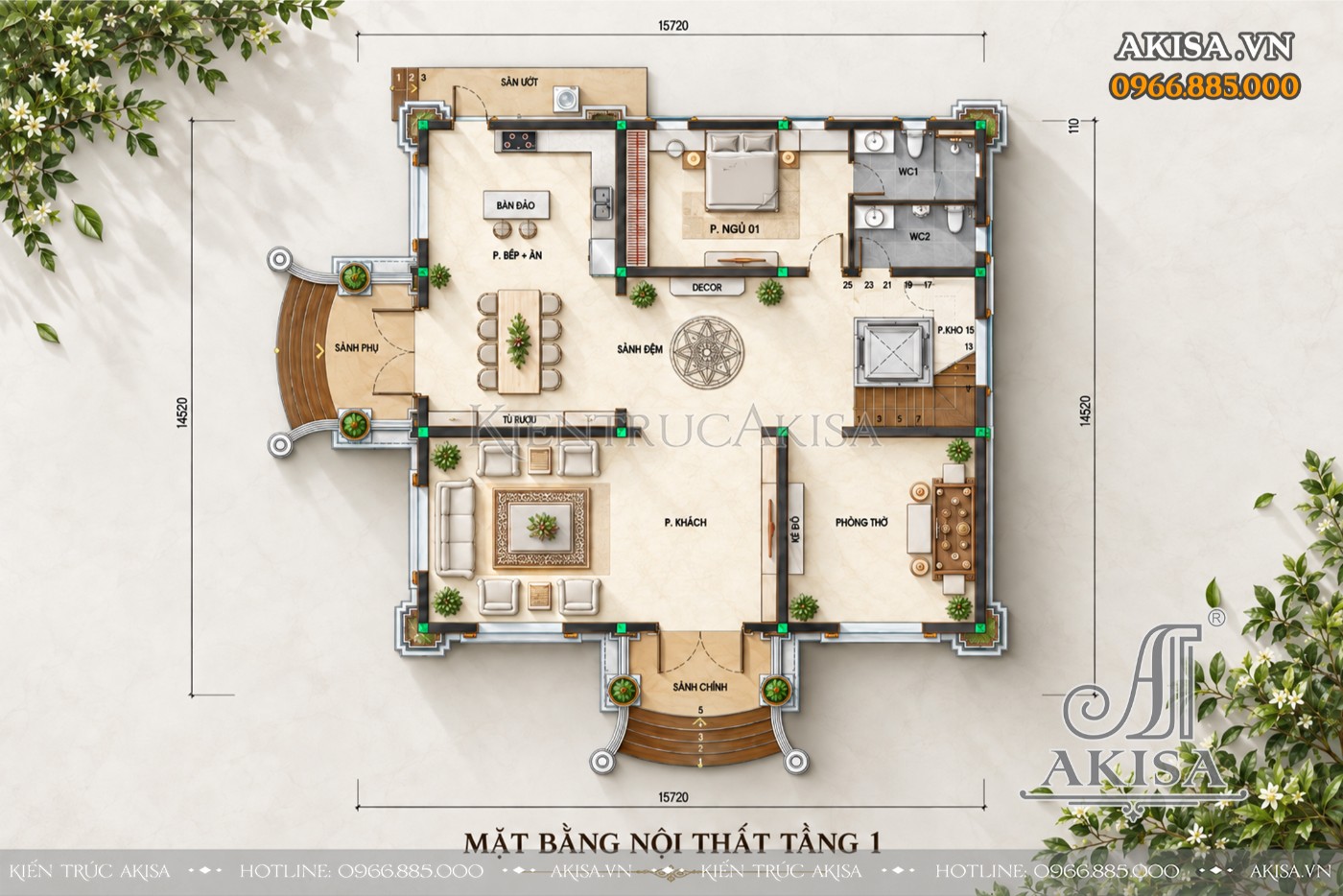 Mặt bằng công năng tầng 1 biệt thự 2 tầng mái Mansard,