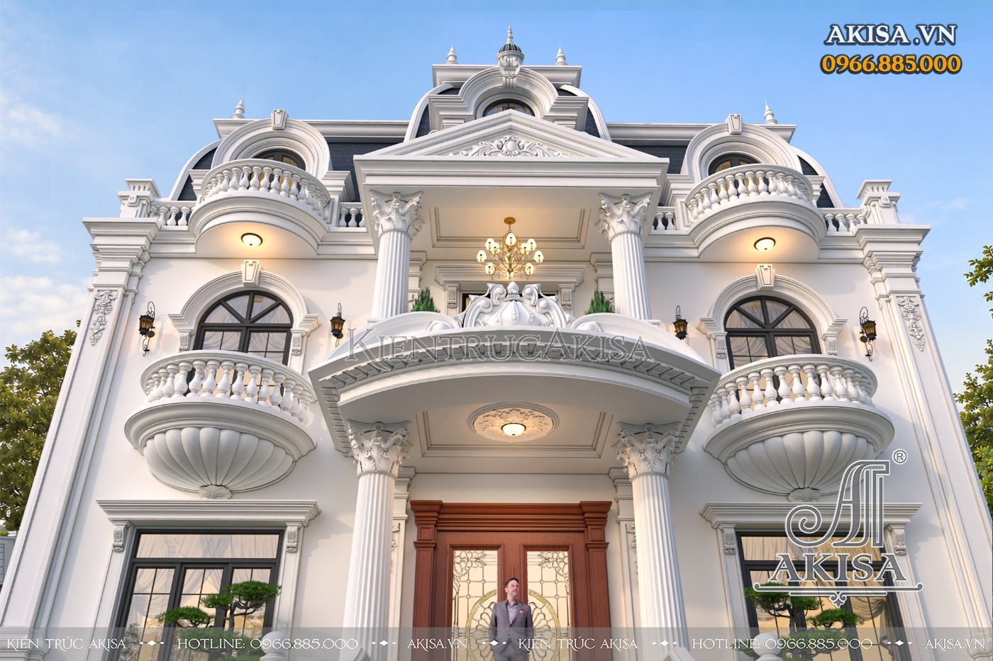 Kiến trúc mặt tiền biệt thự lâu đài 2 tầng gây ấn tượng với hệ cột Corinthian