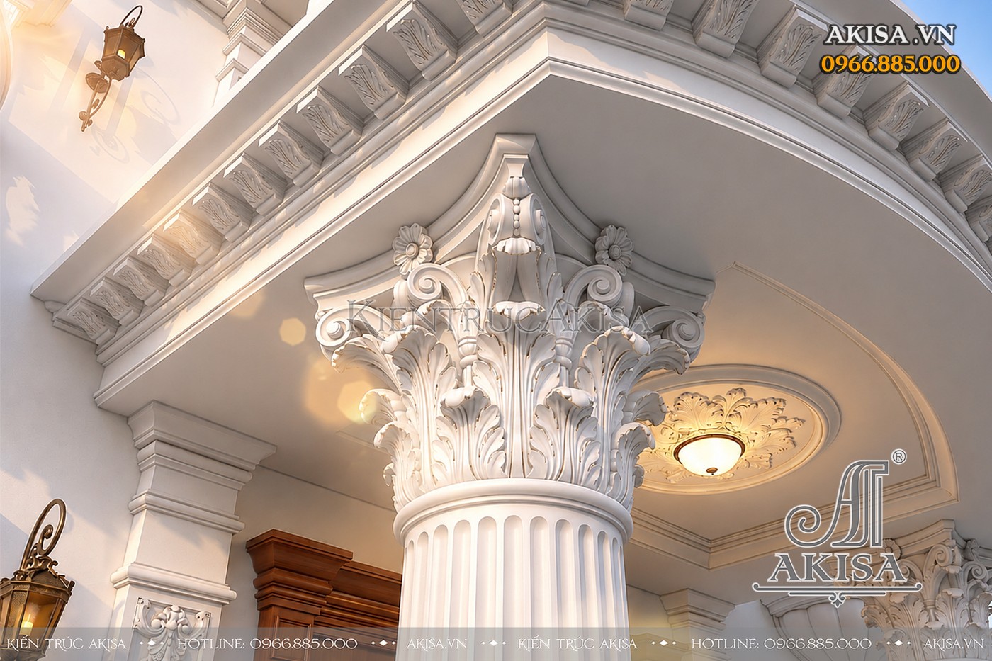 Chi tiết đầu cột Corinthian chạm khắc hoa lá cầu kỳ