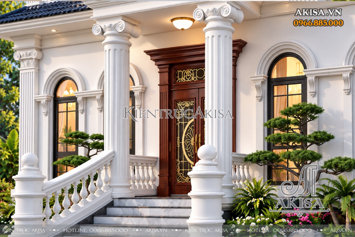 Sảnh chính biệt thự tân cổ điển nổi bật với cửa gỗ cao cấp, cột tròn và bậc tam cấp ốp đá