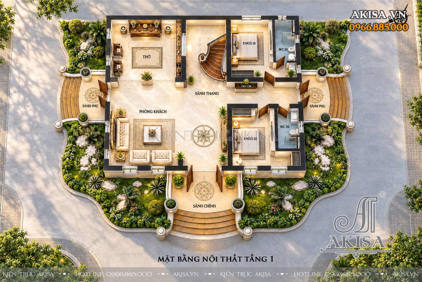 Mặt bằng công năng tầng 1 biệt thự BT221225 gồm phòng khách, phòng thờ, 2 phòng ngủ và hệ sảnh