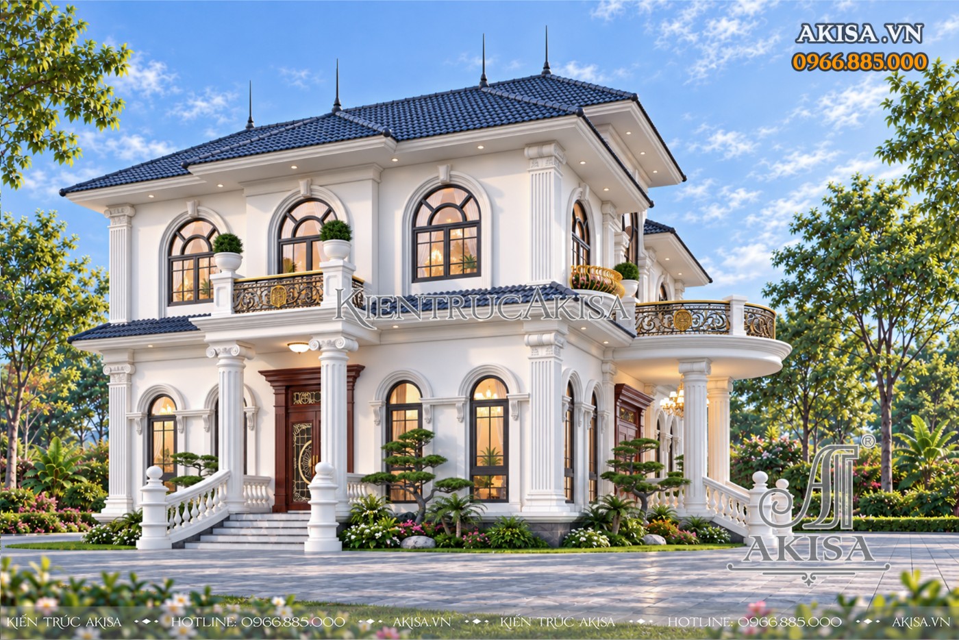 Góc nhìn nghiêng khoe trọn vẻ đẹp thanh lịch của thiết kế biệt thự 2 tầng phong cách tân cổ điển