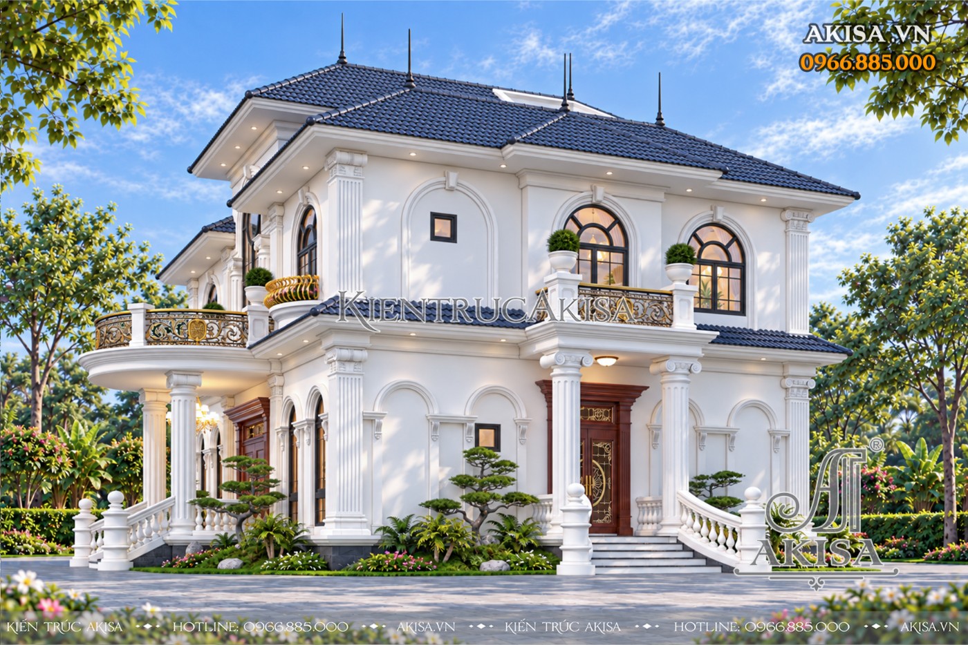 Biệt thự mái Nhật 2 tầng nổi bật với hệ cột cổ điển, cửa vòm và hình khối kiến trúc cân đối