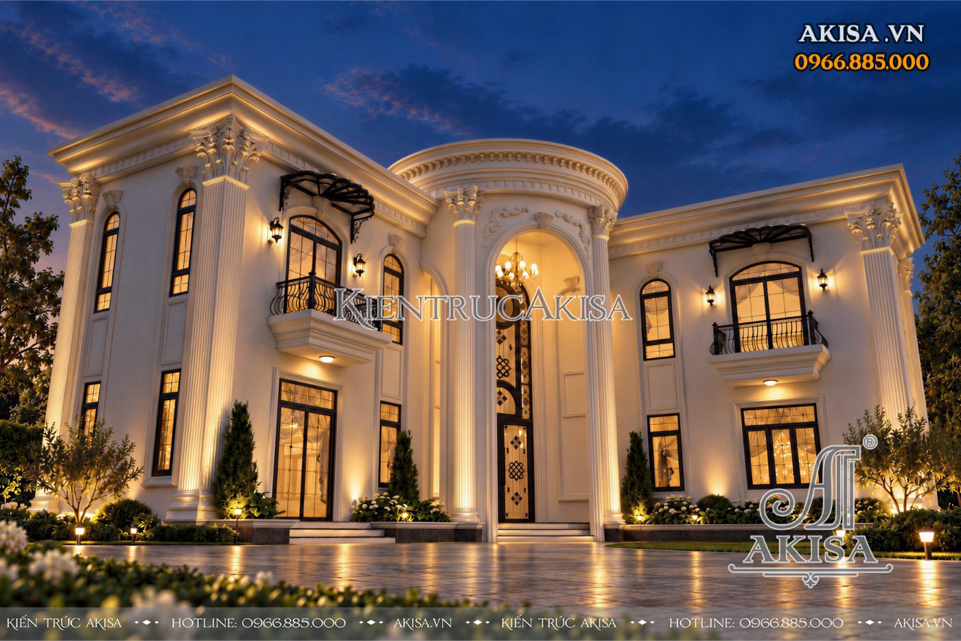 Phối cảnh biệt thự tân cổ điển về đêm với ánh sáng vàng ấm tôn lên vẻ đẹp sang trọng, cuốn hút