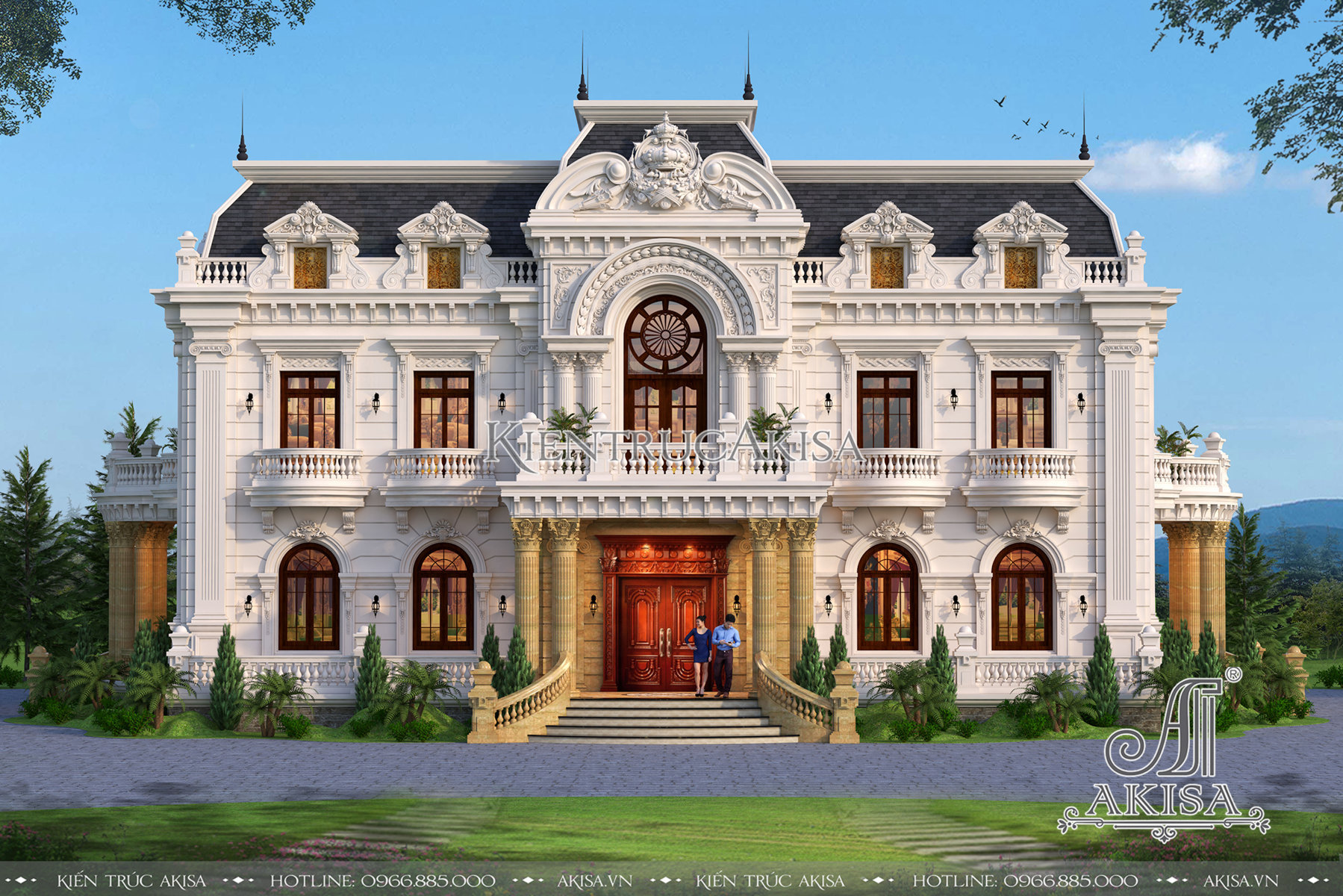 hình ảnh phối cảnh 3D của thiết kế biệt thự dinh thự cổ điển Pháp BT22279