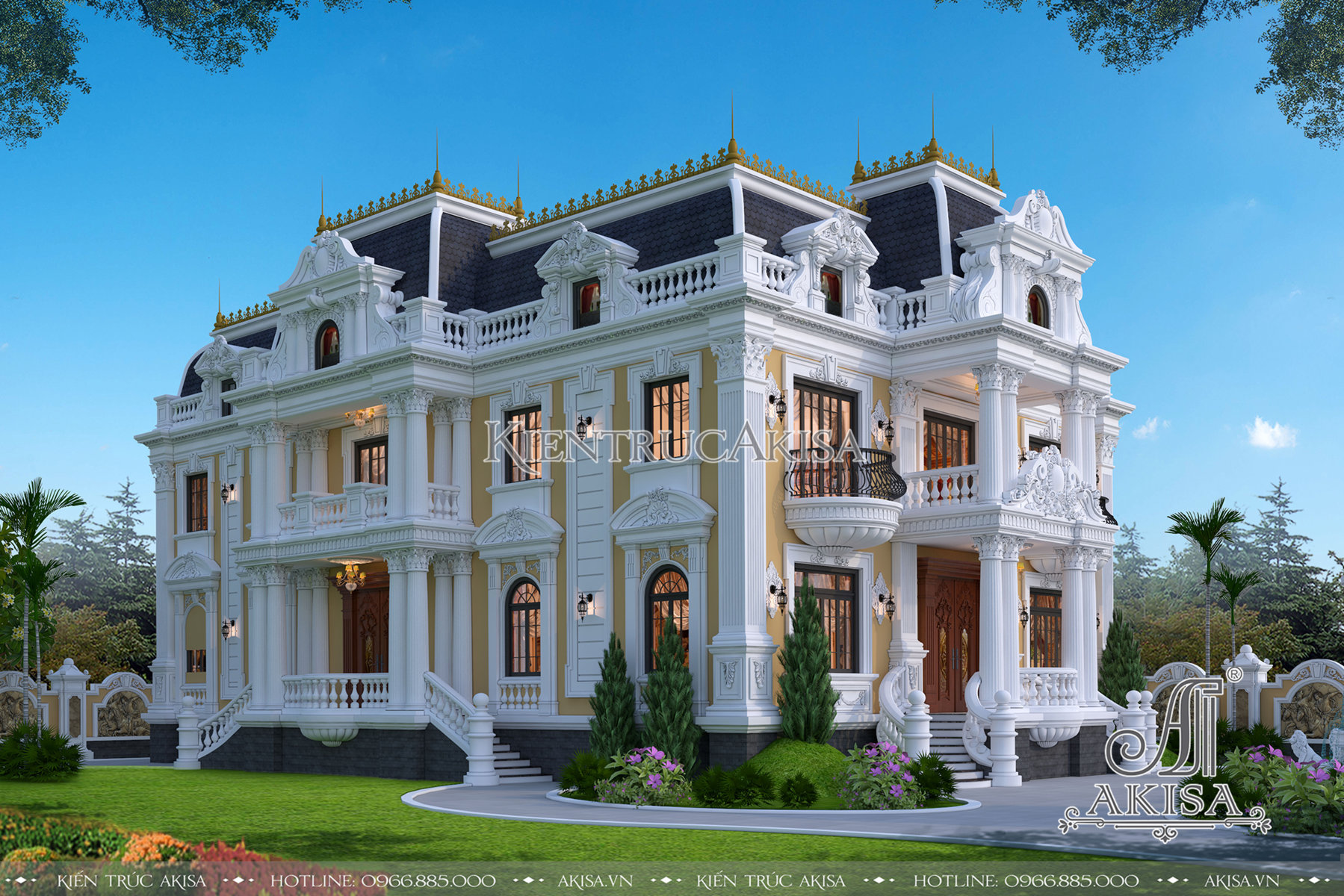 Hình ảnh phối cảnh 3D của thiết kế dinh thự biệt thự cổ điển Pháp 2 tầng BT23357