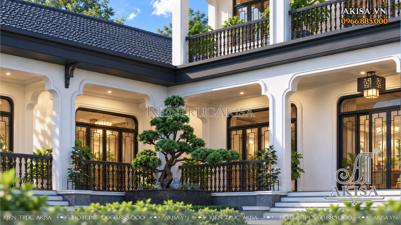 Hành lang biệt thự 2 tầng với hệ vòm kiến trúc mềm mại