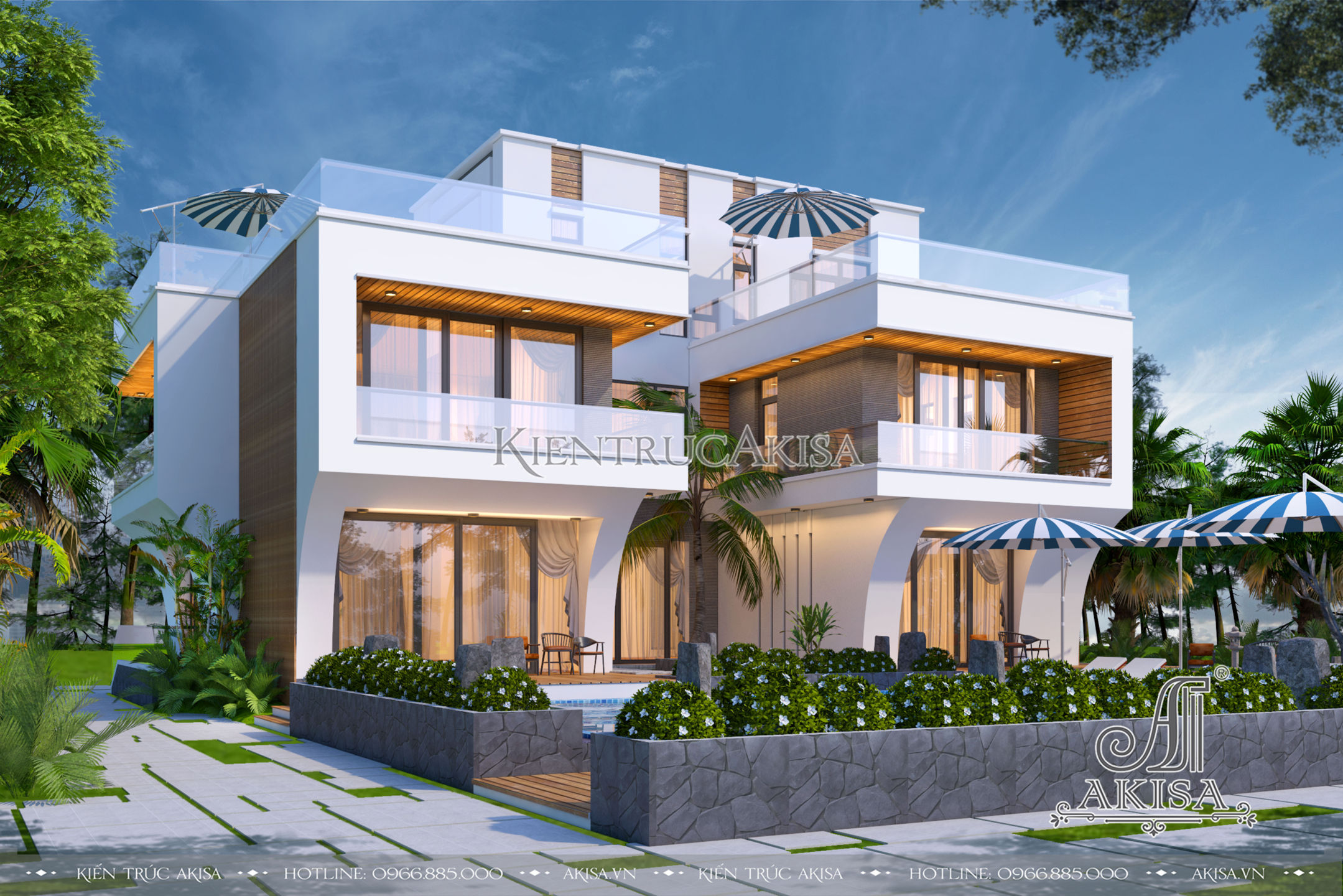 Hình ảnh phối cảnh 3D mẫu thiết kế biệt thự Villa hiện đại 3 tầng tại Long An BT31429