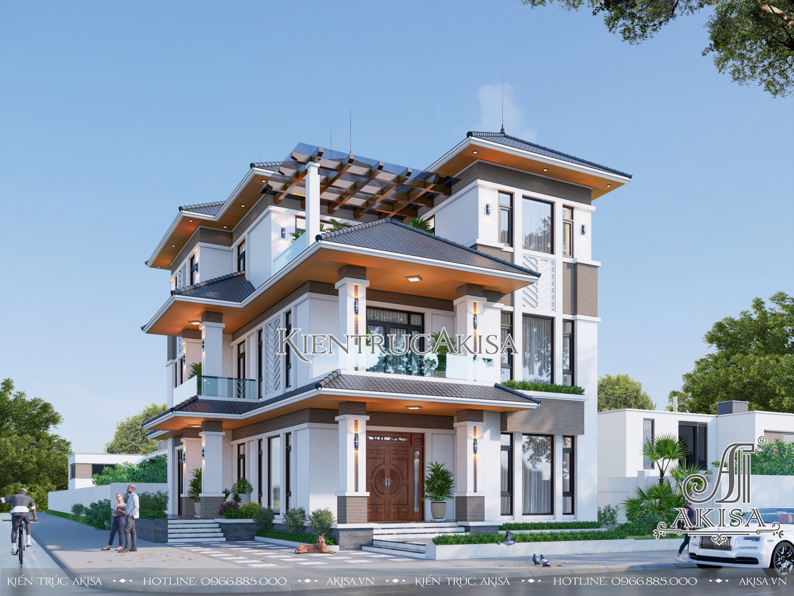Phối cảnh 3D ngoại thất biệt thự 3 tầng 5 phòng ngủ phong cách hiện đại