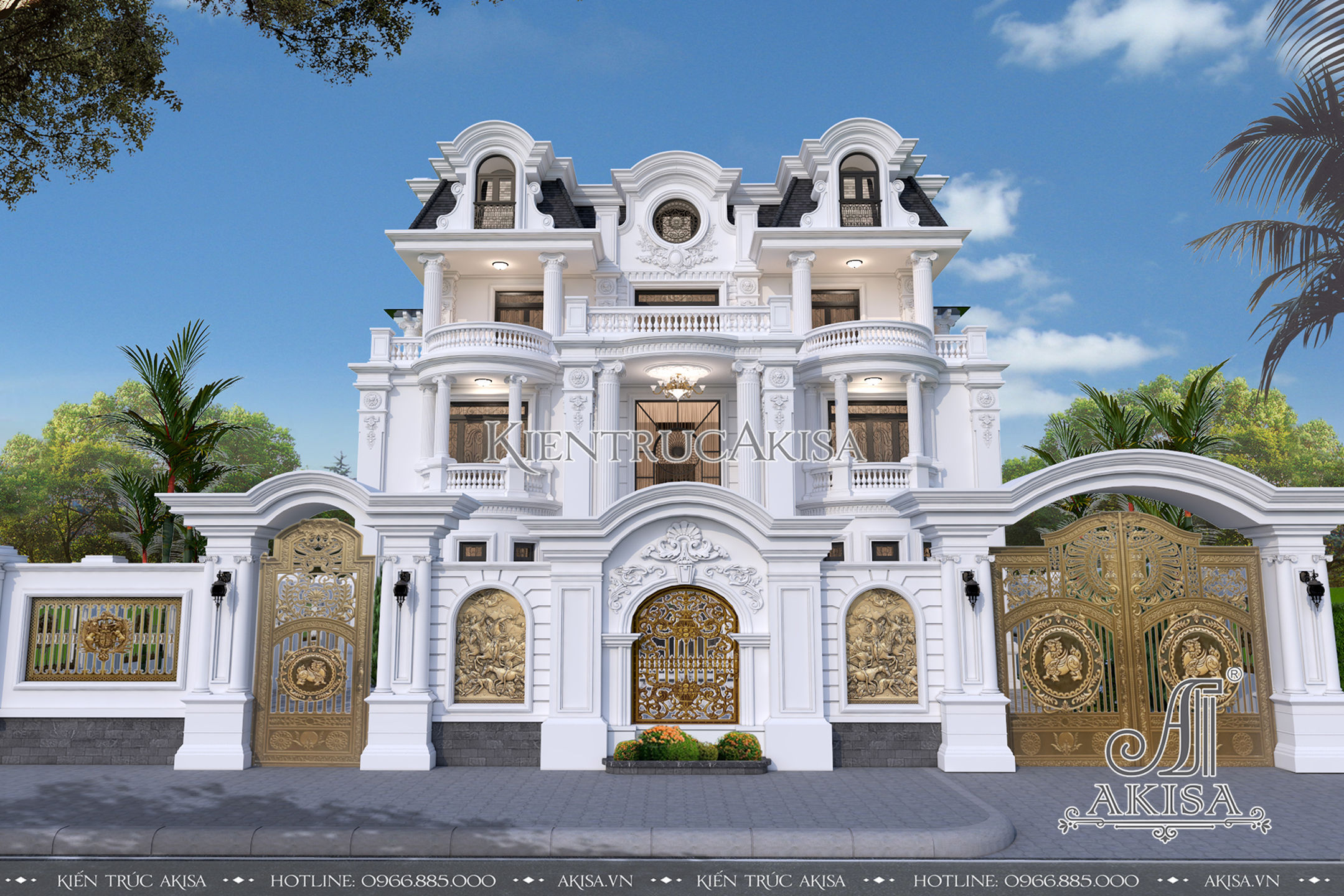 phối cảnh 3D của thiết kế biệt thự lâu đài phong cách Pháp BT32113 với 5 phòng ngủ