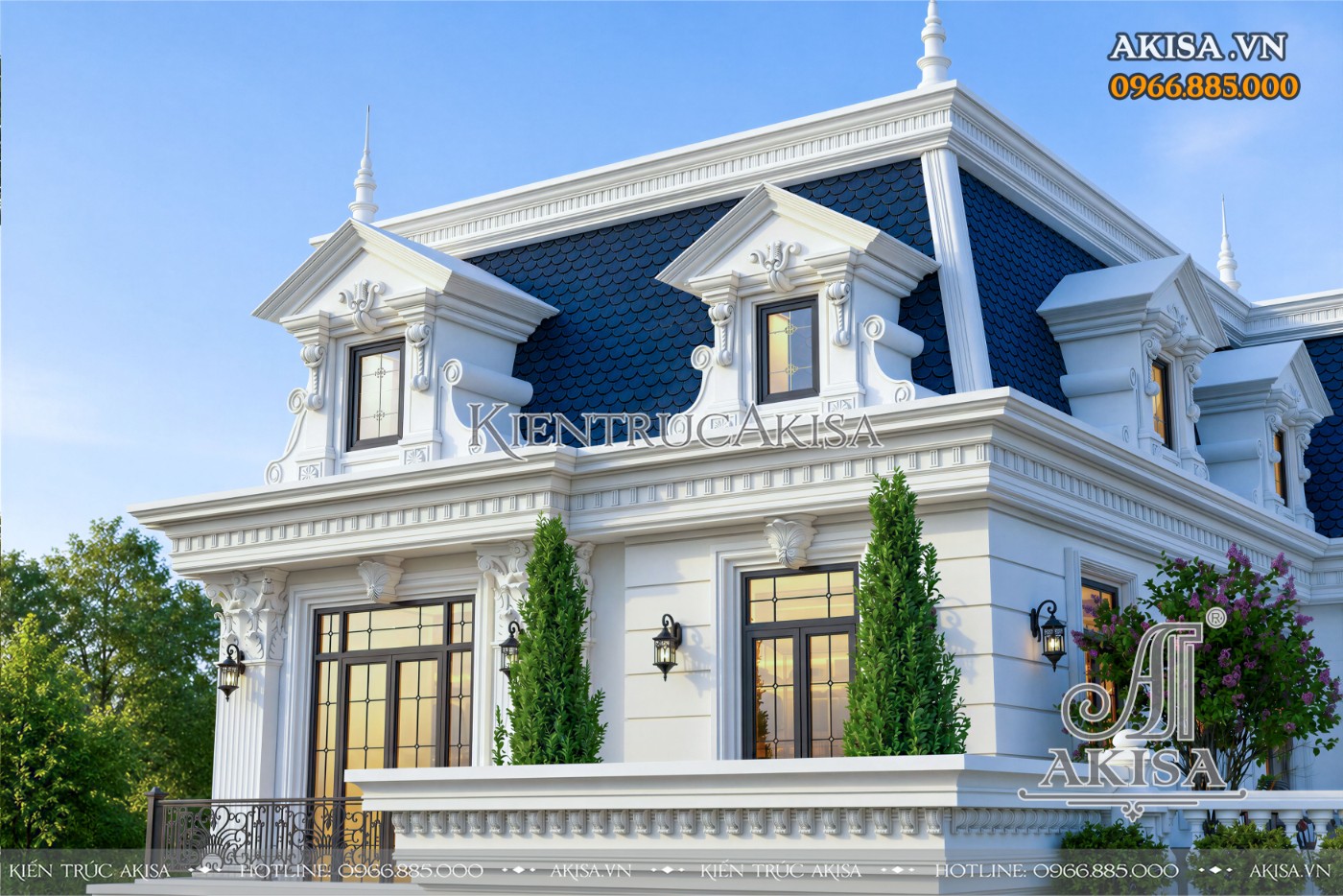 Mái Mansard màu xanh than tạo dấu ấn đặc trưng cho mẫu biệt thự châu Âu 3 tầng sang trọng.