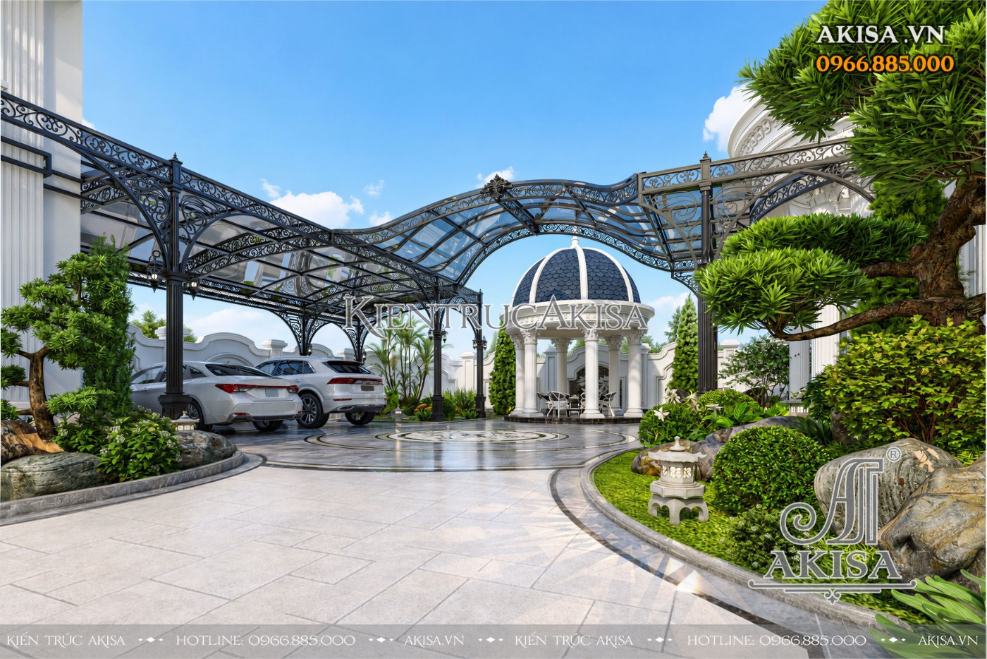 Khu gara và sân vườn của biệt thự 3 tầng 5 phòng ngủ được thiết kế tiện nghi, đáp ứng nhu cầu sinh hoạt gia đình.