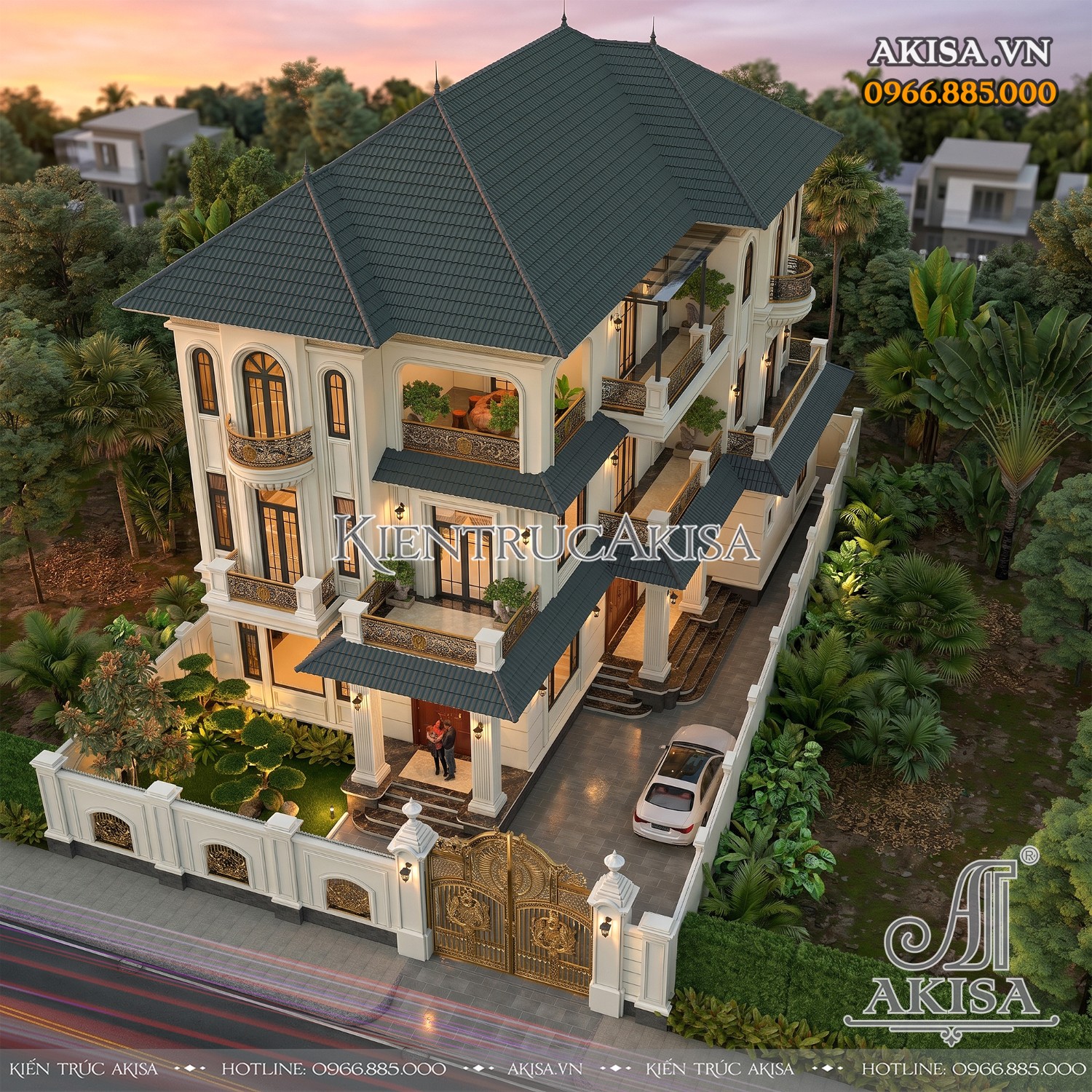 Toàn cảnh mẫu biệt thự mái Nhật 3 tầng cho thấy quy hoạch tổng thể khoa học và sân vườn xanh mát