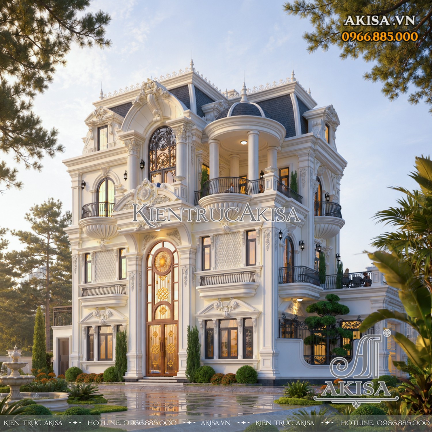 Mẫu biệt thự Pháp 3 tầng nổi bật với kiến trúc tân cổ điển sang trọng, hệ cột Corinth bề thế, mái Mansard đẳng cấp và những đường phào chỉ tinh xảo, tạo nên không gian sống chuẩn thượng lưu.
