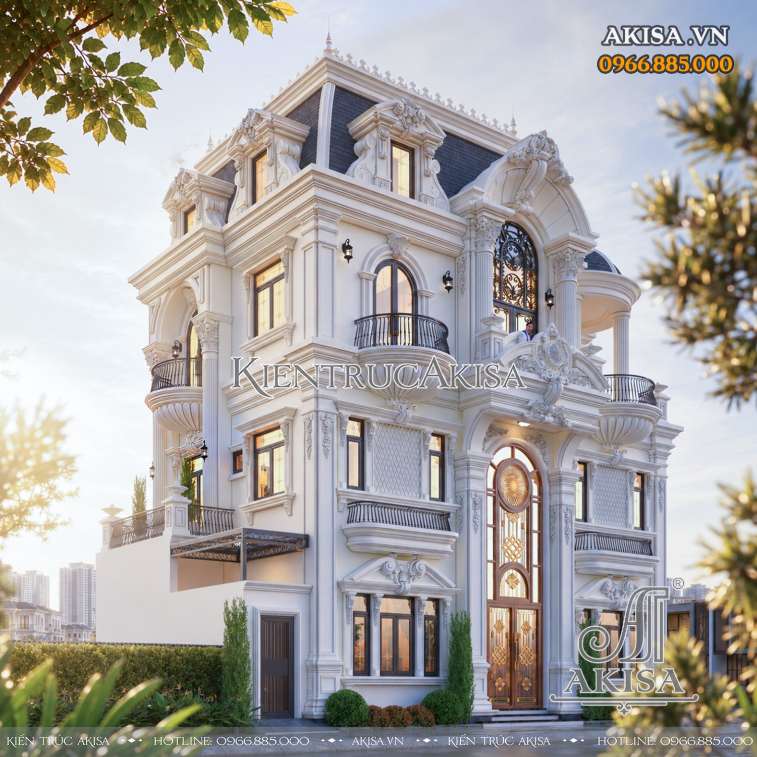 Vẻ đẹp của mẫu biệt thự Pháp 3 tầng được tôn lên nhờ kiến trúc tân cổ điển, gam màu trắng thanh lịch và đường nét tinh tế.