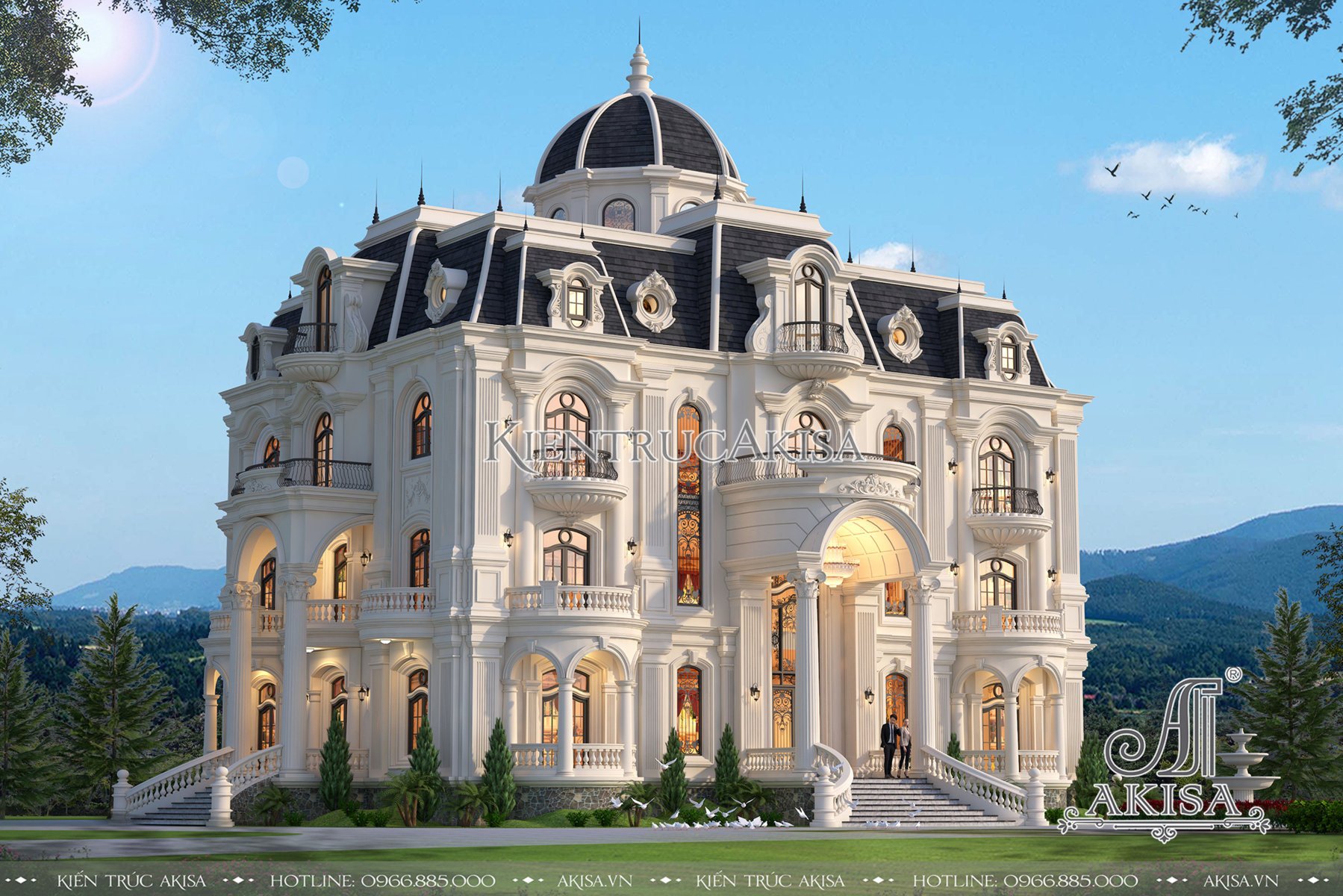 Hình ảnh phối cảnh 3D thiết kế lâu đài dinh thự 3 tầng cổ điển đẹp BT32285