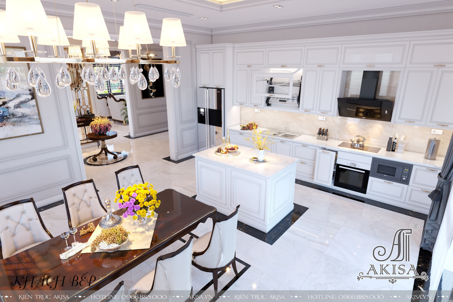 Phòng bếp sử dụng màu trắng làm chủ đạo kết hợp màu nâu gỗ của bàn ăn, mang tới sự vẻ đẹp trang nhã,tinh tế nhưng gần gũi, ấm cúng, là nơi sum họp, gắn kết các thành viên trong gia đình 